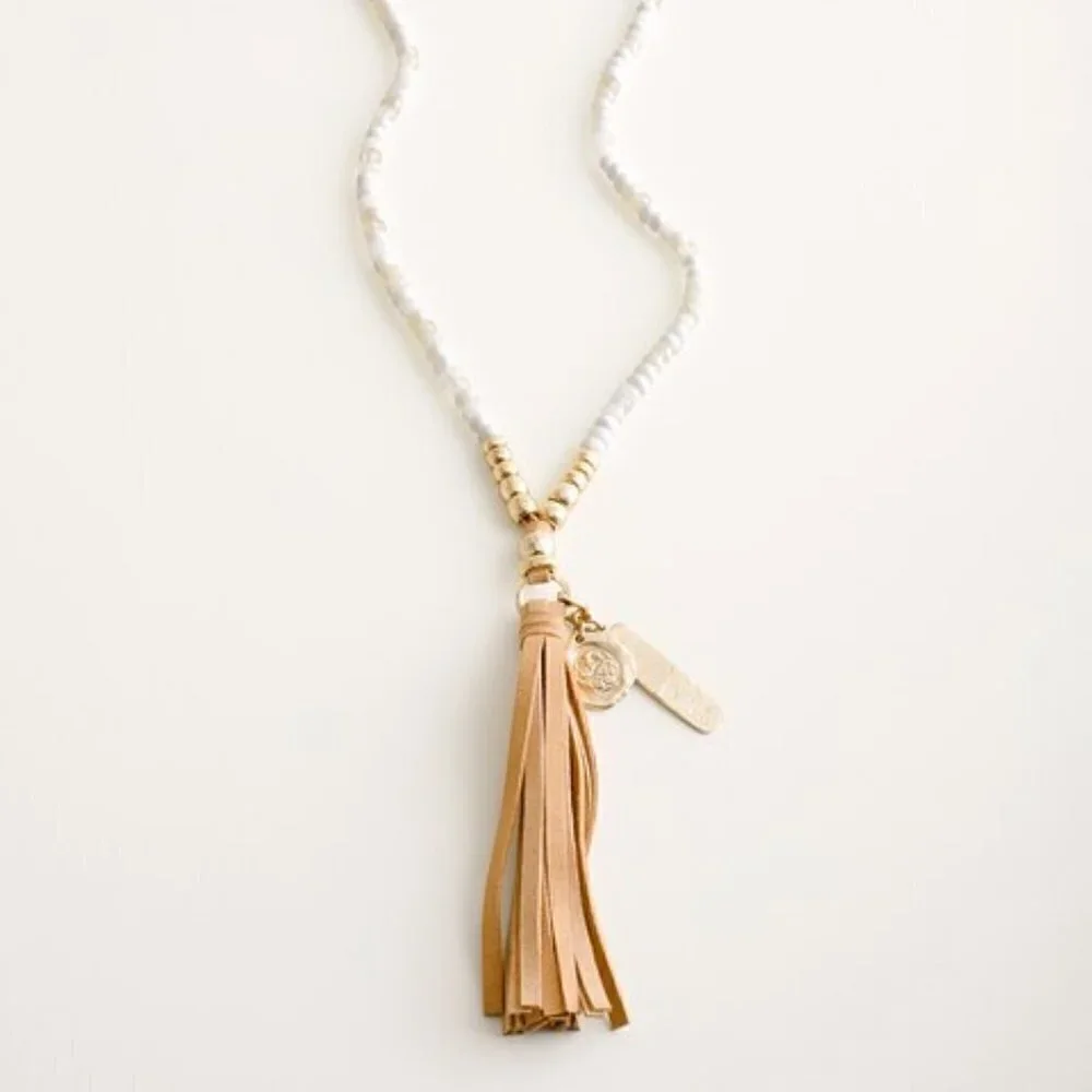 NWOT Chico's White And Gold-Tone Bead Faux Suede Tassel Wen Pendant Necklace